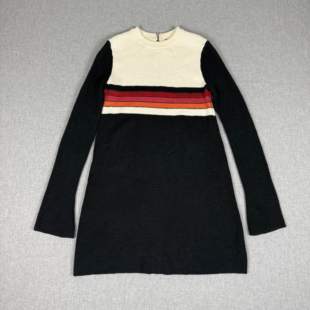 Free People XS Black Striped Knit Mini Dress Retro Mod Long Sleeve